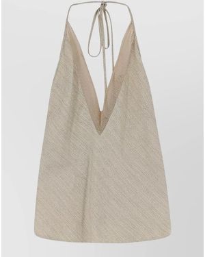 Alysi Viscose Linen Halterneck Top Mesh Detail - Natural