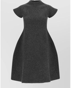 Jil Sander Virgin Wool Mock Neck Short Sleeve A-Line Knee-Length Dress - Black