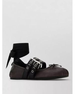 Miu Miu Leather Ballerinas Ankle Wrap Round Toe Bow - Black