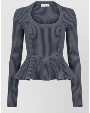 Alaïa Ribbed Peplum Long-Sleeve Top - Blue