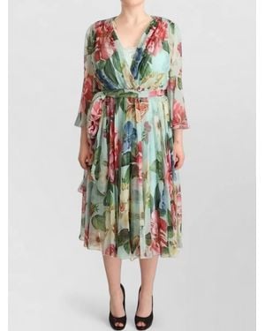 Dolce & Gabbana Silk Floral-Print V-Neck Wrap Midi Dress - Natural