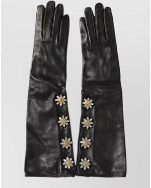 Dolce & Gabbana Leather Long Mitten Gloves Floral Embellishments - Black
