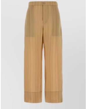 Saint Laurent Silk Trousers Wide Leg Striped Belt Loops - Natural