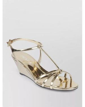 Prada Metallic Wedge Sandals Ankle Strap Open Toe