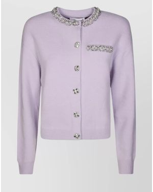 Self-Portrait Ribbed Crystal-Embellished Cardigan - Purple