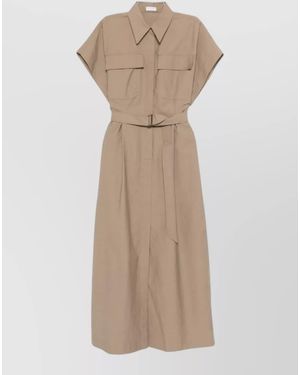 Brunello Cucinelli Cotton Belted Short-Sleeve Midi Dress - Natural