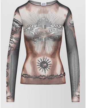 Jean Paul Gaultier Printed Mesh Long-Sleeve Top - Grey