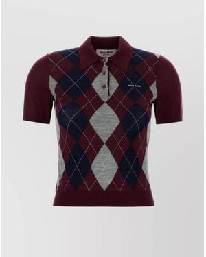 Miu Miu Wool Polo Shirt With Argyle Pattern And Ribbed Hem - Red