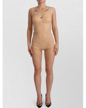 Dolce & Gabbana Nylon Lace Bodysuit Underwear Sweetheart Neckline - Natural