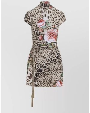 Roberto Cavalli Jaguar Roses Mini Dress Tassel Detail - White