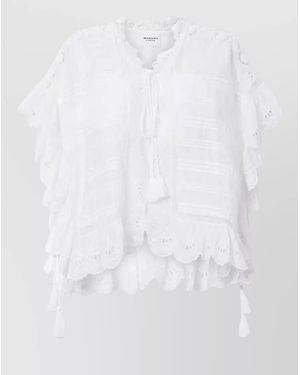 Isabel Marant Lace Dress Striped Pattern Ruffled Hem Tassels - White
