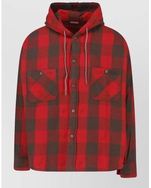 DIESEL Cotton Checked Hooded Shirt Jacket - Red