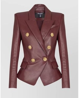 Balmain Double-Breasted Lambskin Leather Blazer - Red