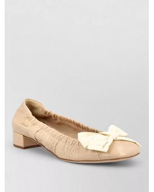 Prada Low Heel Pumps Bow Detail Elastic Trim - Natural
