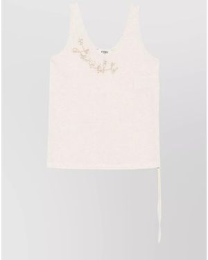 Fendi Cotton Linen Embroidered Sleeveless Tank Top - White