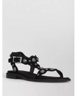 Ash Suede Leather Flat Sandals Ankle Strap - Black