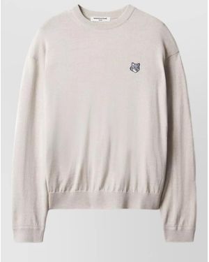 Maison Kitsuné Long Sleeve Crew Neck Silk Blend Top - Natural