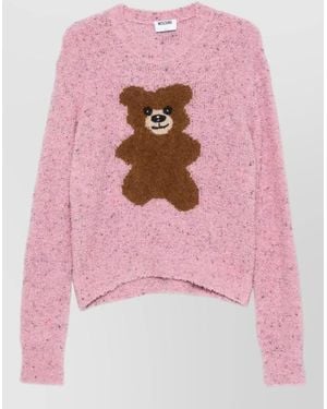 Moschino Cropped Crew Neck Knit Sweater Bear Motif - Pink