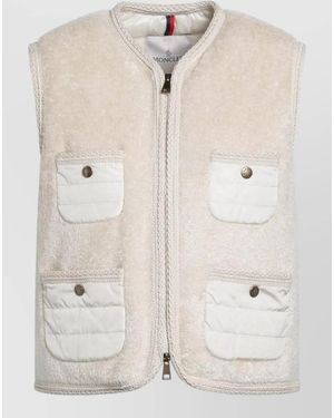 Moncler Long Coat Sleeveless Design Patch Pockets - Natural