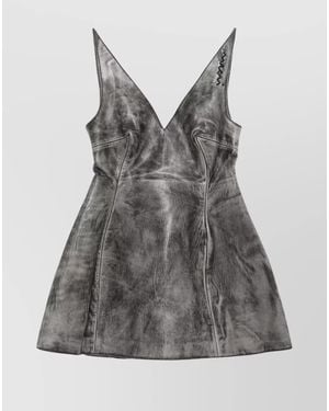 Marni Leather Sleeveless Plunging V-Neck Flared Mini Dress - Grey