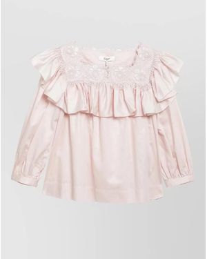 Chloé Top Embroidered Neckline Long Sleeves Ruffled - Pink