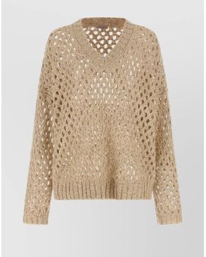 Brunello Cucinelli Open Knit V Neck Long Sleeve Sweater - Natural