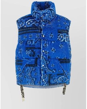 Khrisjoy Cotton Printed Corduroy Oversized Sleeveless Down Jacket - Blue