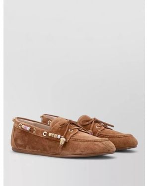 Stuart Weitzman Majorca Suede Loafer Moccasin Beads Laces - Brown