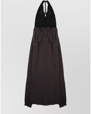 120% Lino Linen Crochet Maxi Dress Halter Backless - Black
