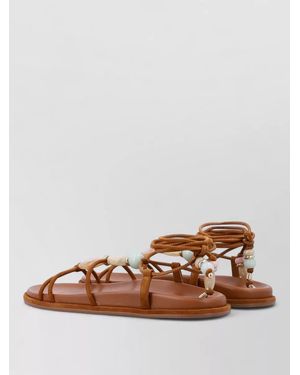 Stuart Weitzman Majorca Flat Beaded Ankle Wrap Sandal - Brown