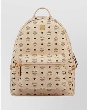 MCM Studded Backpack With Zip Pocket And Straps - Natural