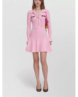 Self-Portrait Knit Tie Mini Dress Contrast Trims - Pink