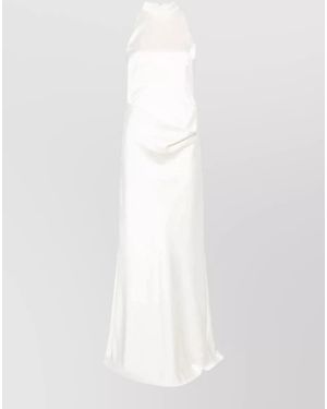 ROTATE BIRGER CHRISTENSEN Satin High Neck Gown Draped Waist - White