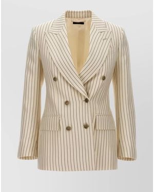 Tom Ford Wool Silk Striped Double-Breasted Blazer - Natural