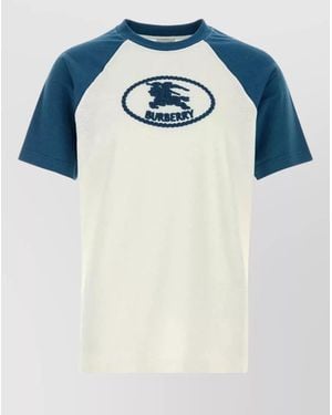 Burberry Cotton Crew Neck T Shirt Contrast Sleeves - Blue