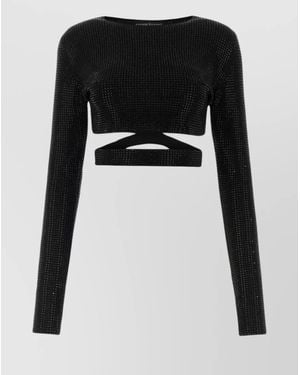 ANDREADAMO Cropped Rhinestone-Embellished Ribbed Top - Black