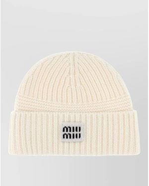 Miu Miu Wool Blend Beanie Hat Stretch Knit - Natural