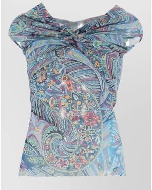 Etro Off Shoulder Paisley Knot Detail Top - Blue