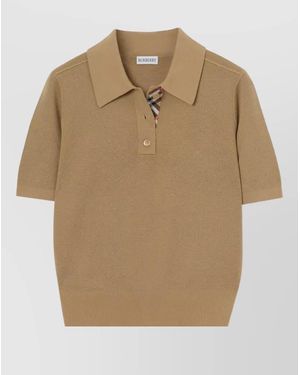 Burberry Wool Polo Shirt Check Pattern Knit - Natural