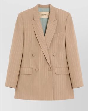 Valentino Jacket Padded Shoulders Pinstripes Notched Lapels - Natural