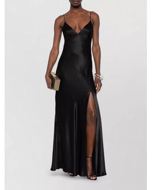 Alberta Ferretti Satin V-Neck Spaghetti-Strap Side-Slit Maxi Dress - Black