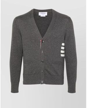Thom Browne Cotton V-Neck Cardigan With 4 Bar Stripe - Gray
