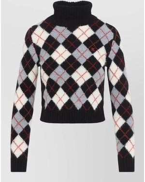 Celine Turtleneck Sweater Argyle Pattern Long Sleeves - Black