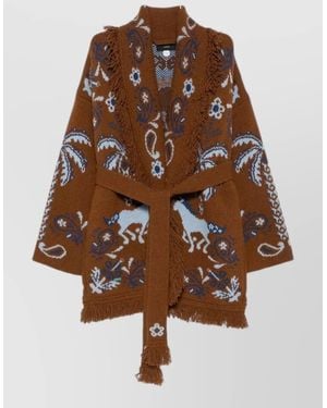 Alanui Wool Cashmere Belted Fringed Jacquard Cardigan - Brown