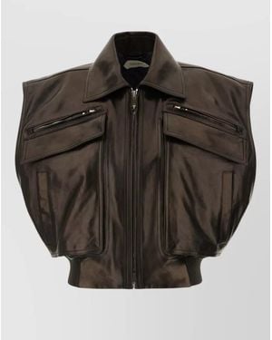 Versace Leather Jacket Structured Shoulders Ribbed Hem Pockets - Black