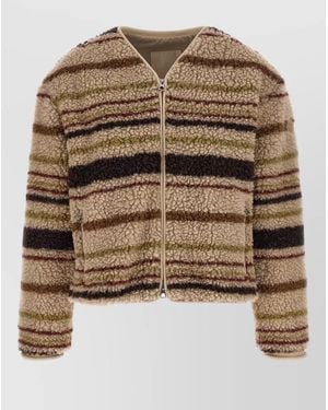 Moncler Teddy-Effect Striped V-Neck Zip-Up Cardigan - Brown