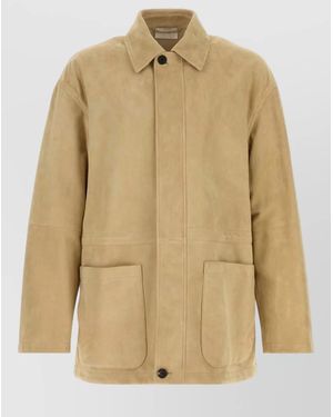 The Row Suede Vilma Jacket Front Pockets Long Sleeves - Natural