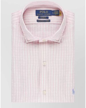 Ralph Lauren Long Sleeve Striped Polo Shirt Linen Blend - Pink