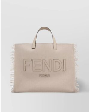 Fendi Jacquard Fabric Tote Bag With Fringes On Sides - Natural