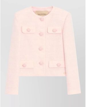 Valentino Textured Tweed Jacket Round Neck Cropped - Pink